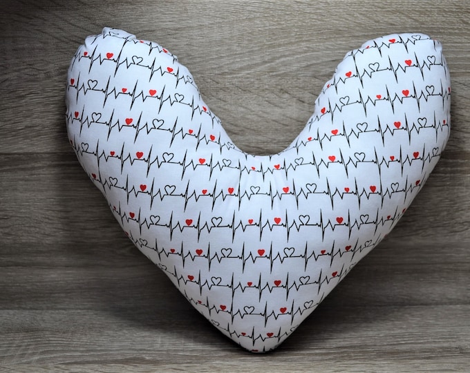 Heart pillow, breast heart pillow, mastectomy pillow, forearm pillow, breast surgery pillow, white with ECG, handmade