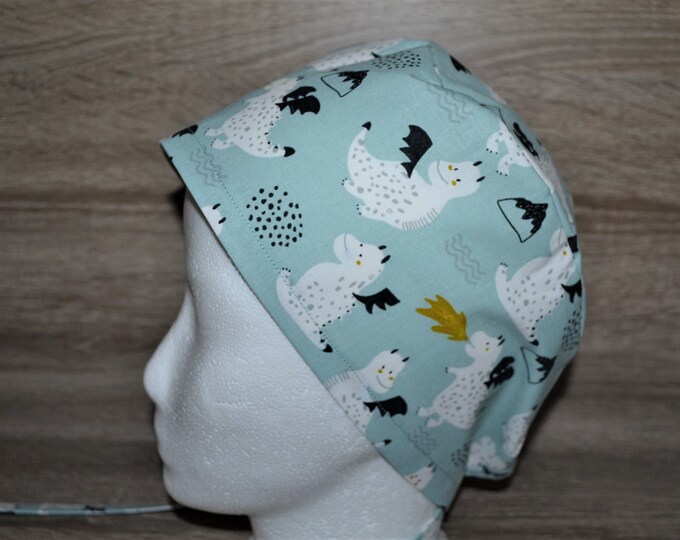 Surgical cap dragon terry cloth band, scrub cap, chef's cap, bandana, peeling cap, cosmetic cap, surgical caps, light blue with dragon, handmade