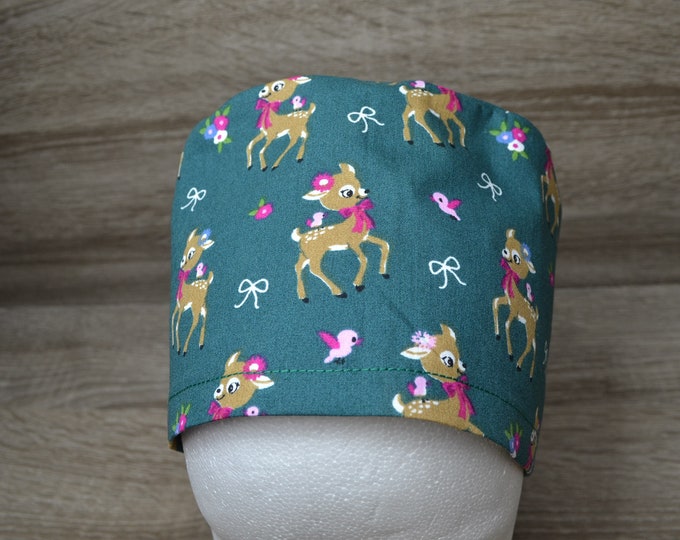 Surgical cap deer terry band, scrub cap, bandana, cosmetic cap, chef's cap, peeling cap, dark green with deer, handmade