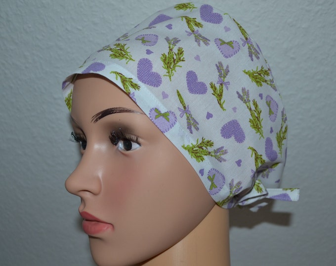 Surgical cap heart, scrub cap, cosmetic cap, bandana, peeling cap, cooking cap, surgical cap maritime, white with heart and lilac