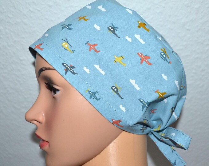 Surgical cap airplane/helicopter, scrub cap, bandana, scrub hat, chef's cap, cosmetic cap, surgical caps, blue with airplanes,