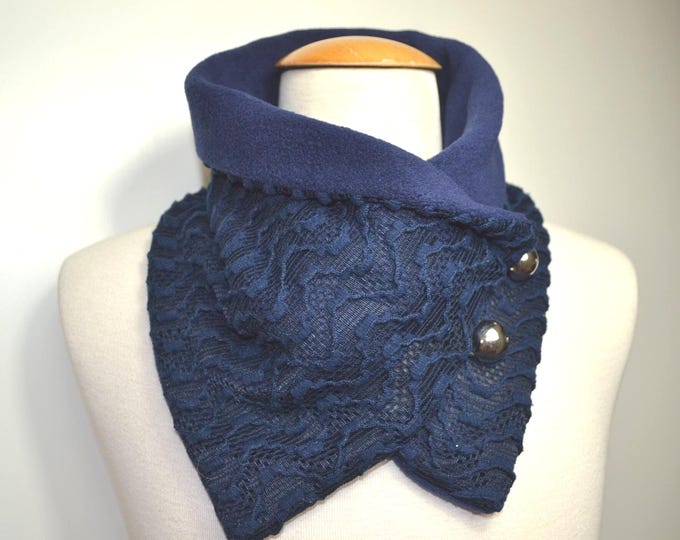 Button loop lace, button loops, loops, scarf, lace fabric dark blue and blue fleece, lace loop, wrap scarf, wrap loop, handmade