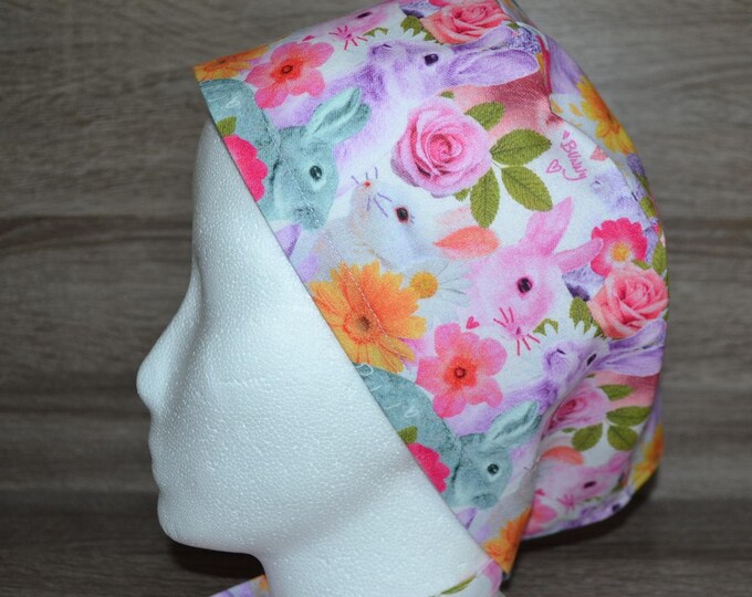 Surgical cap rabbit, scrub cap, bandana, cosmetic cap, chef's hat, peeling cap, surgical caps, white with pink rabbit, handmade