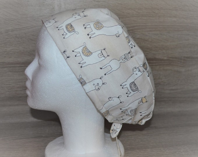 XL surgical cap llama long hair, XL scrub cap, bandana, cosmetic cap, chef's cap, peeling cap, caps xl, beige with llamas, handmade
