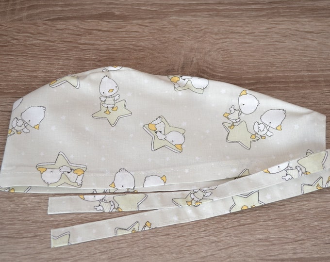 Surgical cap duck, scrub cap, bandana, cosmetic cap, chef's hat, peeling cap, surgical caps, beige with star and ducks, handmade
