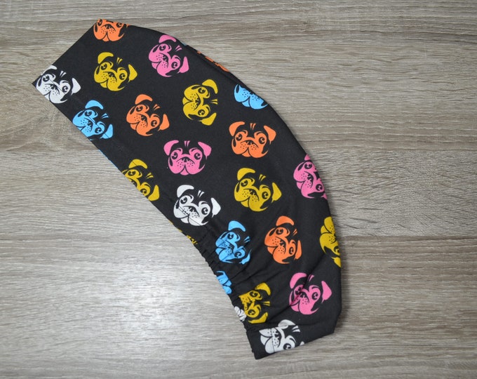 Surgical cap dog with elastic band, chef's hat, surgical cap, bandana, scrub cap, cosmetic cap, black with colorful pugs, handmade