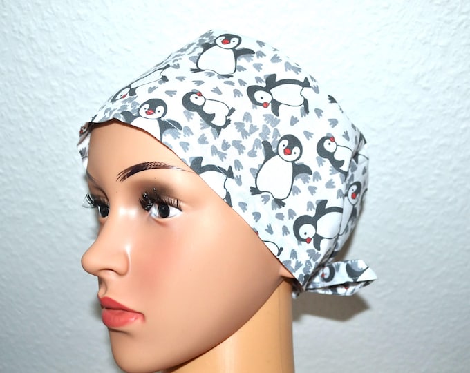 Surgical cap penguin, scrub cap, bandana, cosmetic cap, chef's hat, white with penguins, surgical caps Christmas, penguin cap, handmade