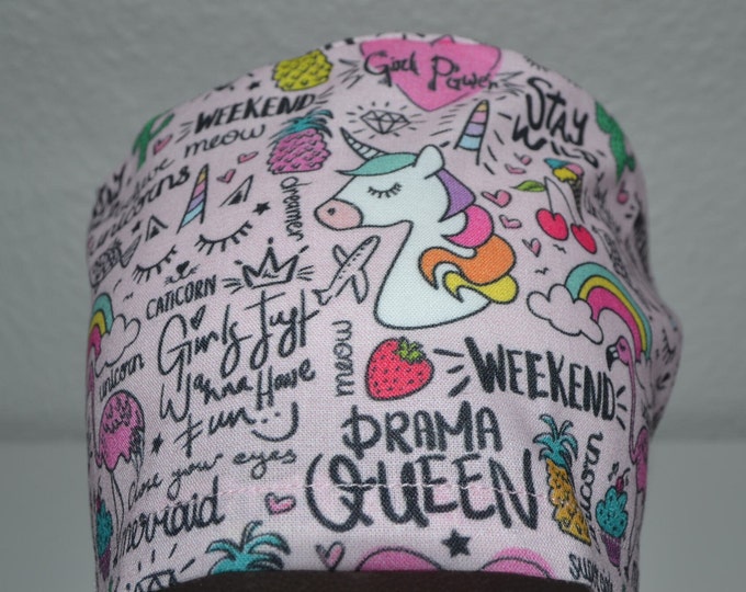 Surgical cap unicorn, scrub cap, bandana, cosmetic cap, peeling cap, surgical caps, chef's hat, pink with unicorn, handmade