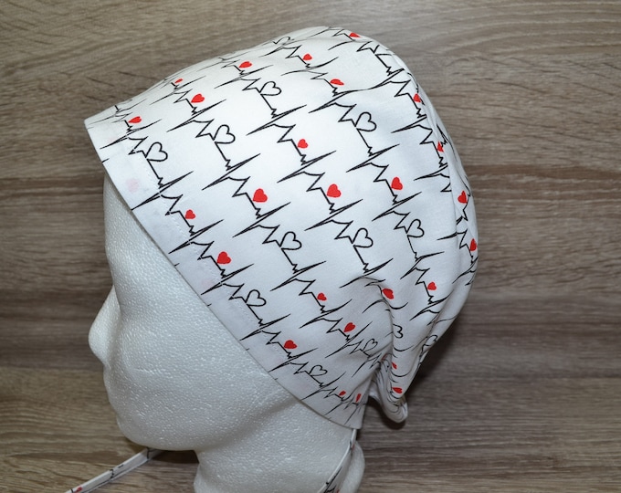 Surgical cap ECG, scrub cap, bandana, cosmetic cap, peeling cap, chef's hat, surgical caps, white with heartbeat, medicine, handmade