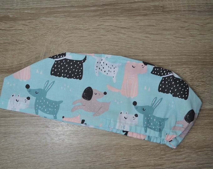 Surgical cap dog with elastic band, bandana, scrub cap, cosmetic cap, cooking cap, peeling cap, light blue with dogs, handmade