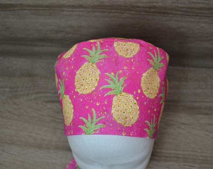 Surgical cap pineapple terry cloth band, scrub cap, cosmetic cap, chef's cap, bandana, peeling cap, surgical caps, pink with pineapple, handmade