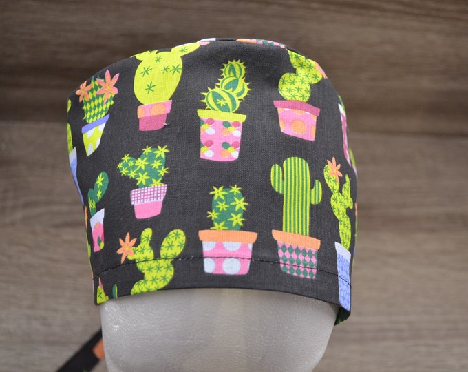 Surgical cap cactus, scrub cap, bandana, cosmetic cap, chef's hat, peeling cap, surgical cap cactus, black with cacti, handmade