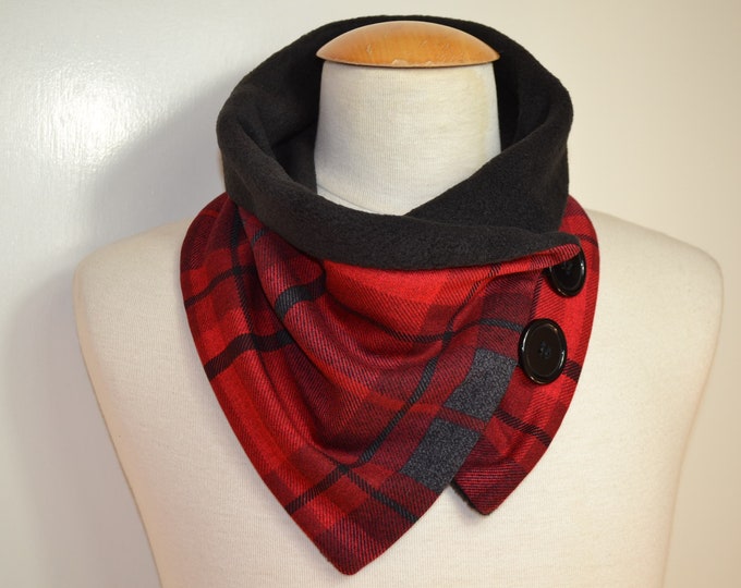 Red plaid button-up loop scarf, loop scarf, scarf, red and black plaid cotton jersey, black fleece, plaid button-up loop scarf, red wrap scarf, button scarf