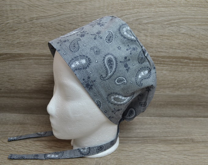 Surgical hoods, scrub cap, bandana,peeling hood, cosmetic hood, paisley in grey, handmade