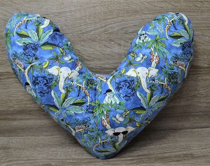 Heart pillow, chest heart pillow, mastectomy pillow, forearm pillow, breast surgery pillow, blue with funny jungle motif, handmade