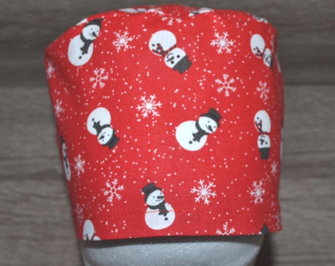 Surgical cap with snowman design, terry cloth band, scrub cap, bandana, cosmetic cap, peeling cap, chef's hat, red with snowmen, Christmas surgical caps