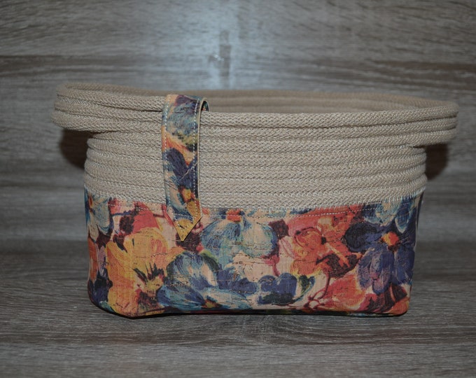 Utensilo made of floral cork and beige cotton cord, cork bottom silo, utensilo patterned 20x14x13 cm, storage basket,