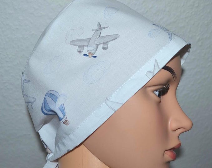 Surgical cap airplane/helicopter, scrub cap, bandana, exfoliating cap, chef's cap, cosmetic cap, surgical caps, white with airplanes