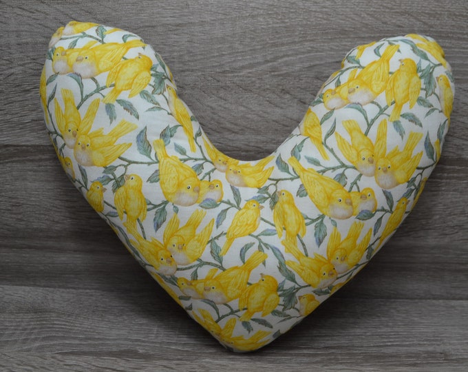 Heart pillow, chest heart pillow, mastectomy pillow, forearm pillow, breast surgery pillow, beige with yellow birds two-tone, handmade