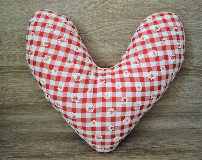 Heart pillow, chest heart pillow, mastectomy pillow, forearm pillow, breast surgery pillow, red and white checkered with white flowers, handmade