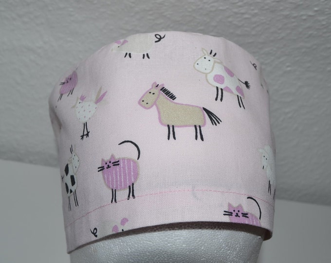 Surgical cap farm, scrub cap, bandana, cosmetic cap, chef's hat, scrub cap, surgical caps, pink with cat cow duck, handmade