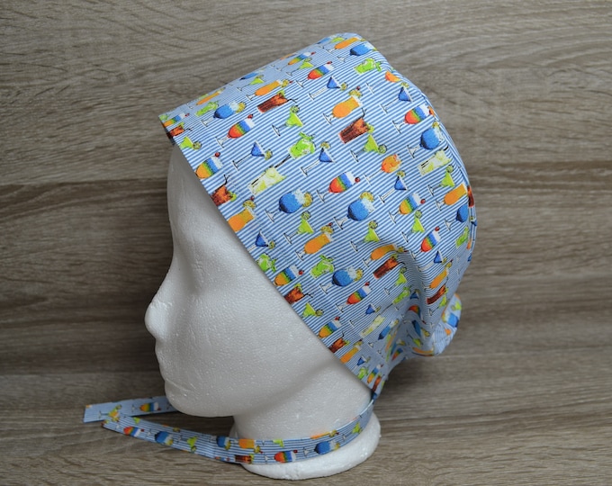 Surgical cap cocktail with terry cloth band, scrub cap, bandana, peeling cap, chef's cap, cosmetic cap, surgical caps, turquoise with drinks, handmade