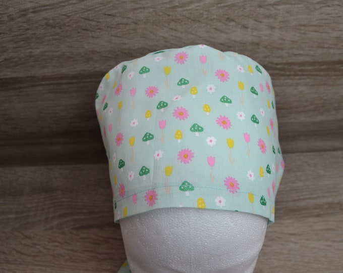 Surgical cap mushroom, scrub cap, bandana, cosmetic cap, chef's hat, peeling cap, surgical caps, mint with glittering mushrooms, handmade