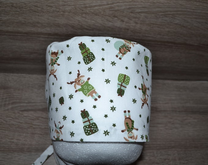 Surgical cap with moose design, scrub cap, bandana, cosmetic cap, peeling cap, white with moose, chef's hat, Christmas surgical caps, handmade