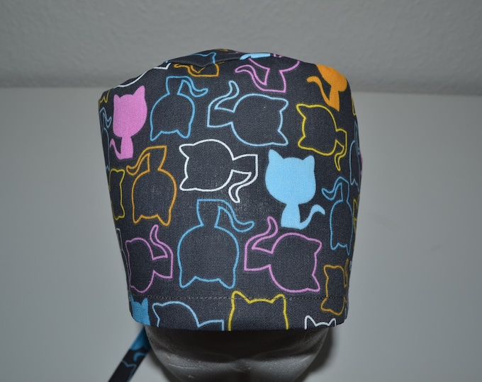 Surgical cap cat, scrub cap, bandana, cosmetic cap, chef's hat, peeling cap, surgical caps, gray with colorful cats, handmade