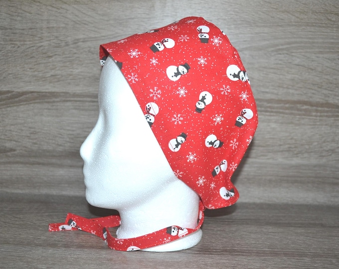 Surgical cap with snowman design, scrub cap, bandana, cosmetic cap, peeling cap, chef's hat, red with snowmen, Christmas surgical cap, Christmas cap