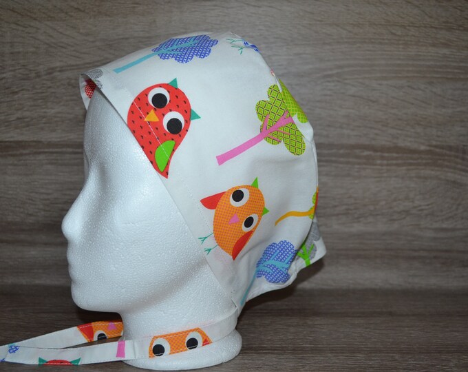 Surgical cap owl, scrub cap, bandana, cosmetic cap, peeling cap, chef's hat, surgical caps, white with owls, handmade