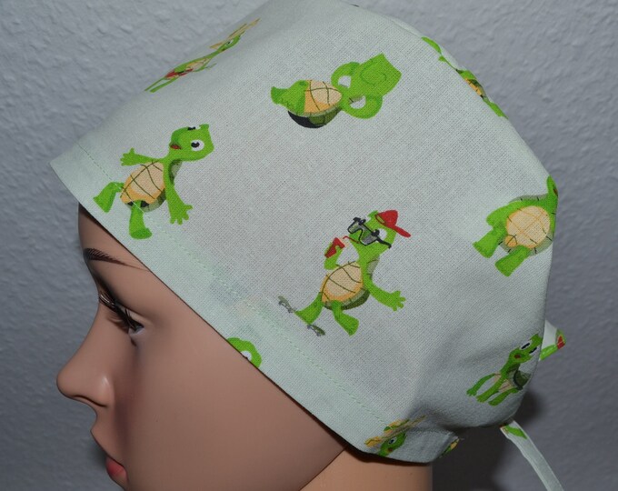 Surgical cap turtle terry cloth band, scrub cap, bandana, cosmetic cap, peeling cap, surgical caps, chef's hat, green with turtle, handmade