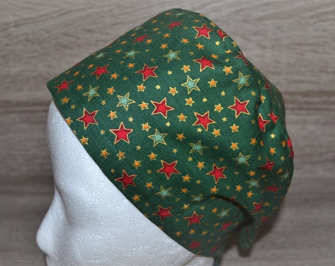 Surgical cap with stars, scrub cap, bandana, cosmetic cap, peeling cap, chef's hat, green with poinsettias, Christmas surgical caps, star cap