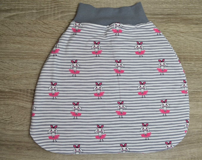 Swaddle bag bunny size. 60, romper bag warmly lined, size. 50-68 elastic cuffs to grow with, sleeping bag, gray and white stripes