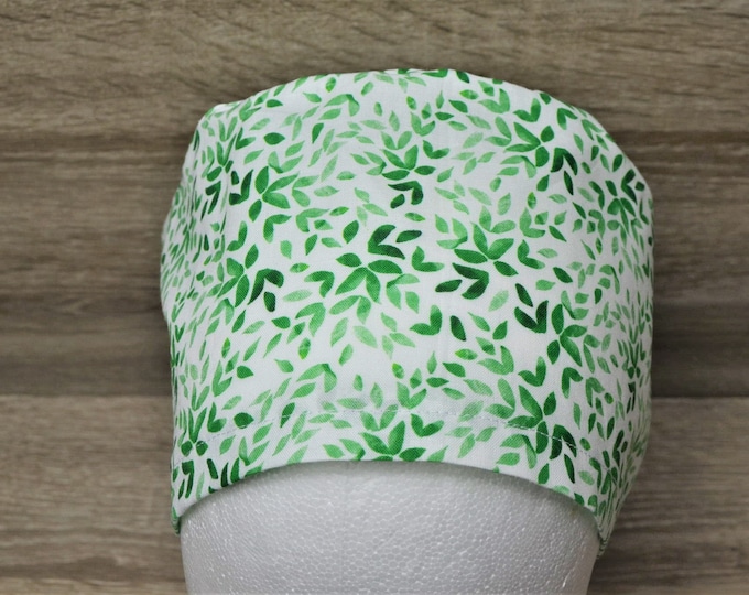 Surgical cap leaves, scrub cap, bandana, peeling cap, cosmetic cap, cook's cap, white with green leaves, leaf cap, handmade
