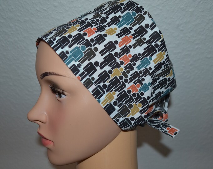 Surgical cap human, scrub cap, bandana, cosmetic cap, cooking cap, peeling cap, white with colorful people, ship, handmade