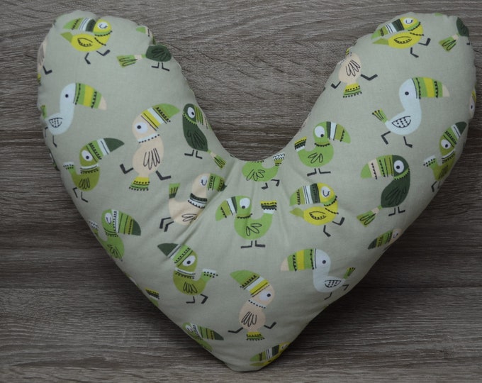 Heart pillow, breast heart pillow, mastectomy pillow, forearm pillow, breast surgery pillow, lime green with toucan, handmade