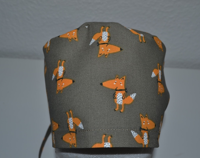 Surgical cap fox terry cloth band, scrub cap, bandana, cosmetic cap, chef's hat, peeling cap, surgical caps, taupe with foxes, handmade