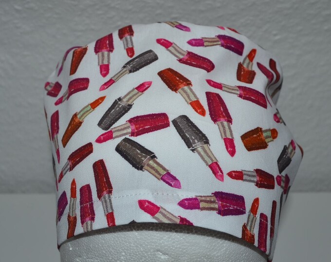 Surgical cap lipstick with terry cloth band, scrub cap, bandana, cosmetic cap, peeling cap, surgical caps, chef's hat, white with lipstick,