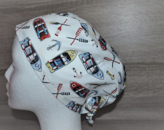 XL surgical cap ship for long hair with terry cloth band, XL scrub cap, bandana, peeling cap, chef's cap, white with boats, handmade