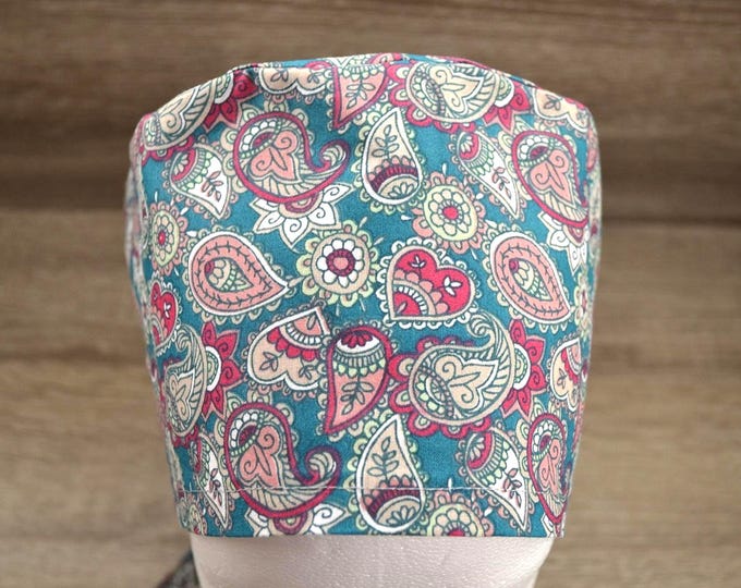 Paisley surgical cap, scrub cap, bandana, cosmetic cap, chef's hat, scrub cap, surgical caps, green with paisley, paisley surgical caps, handmade