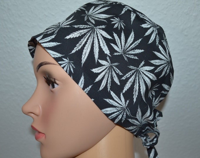 Surgical cap sheet terry cloth band, scrub cap, bandana, cosmetic cap, chef's hat, peeling cap, surgical caps, black with hemp leaf, handmade