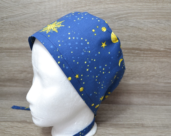 Surgical cap sun moon terry cloth band, scrub cap, bandana, cosmetic cap, cooking cap, peeling cap, blue with sun moon & stars, handmade