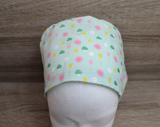 Surgical cap mushroom terry cloth band, scrub cap, chef's cap, bandana, peeling cap, cosmetic cap, surgical caps, mint with mushrooms, handmade