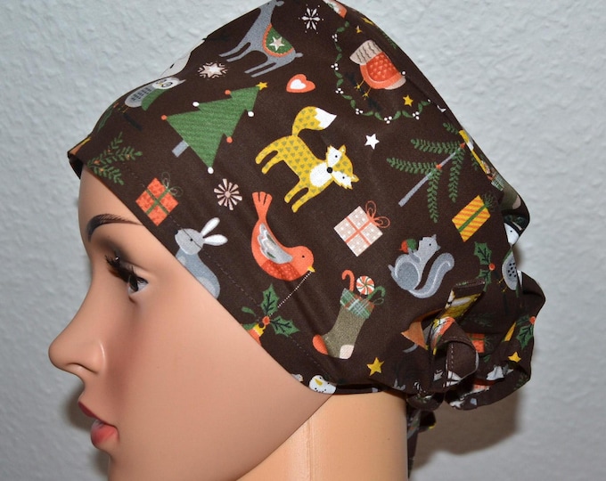 Surgical cap with winter animals, scrub cap, bandana, cosmetic cap, chef's hat, brown with forest animals, Christmas surgical caps, bear cap, Christmas tree