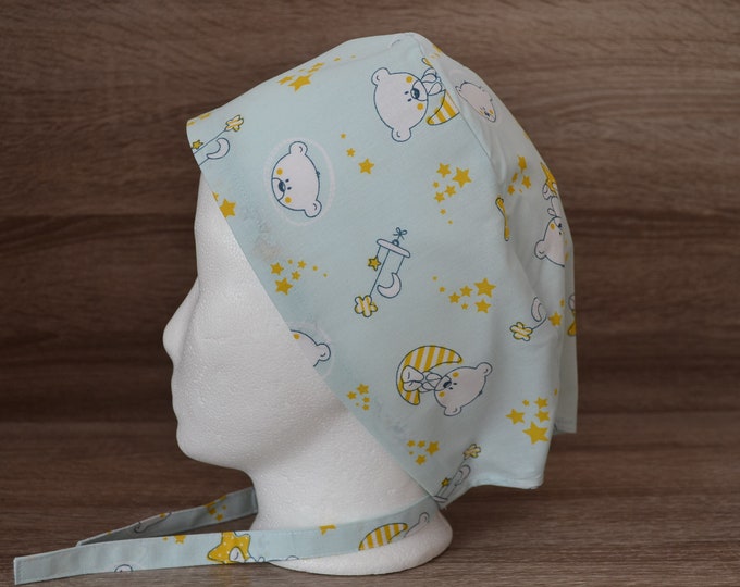 Surgical cap bear, scrub cap, bandana, cosmetic cap, chef's hat, peeling cap, surgical caps, light blue with moon and bear, handmade
