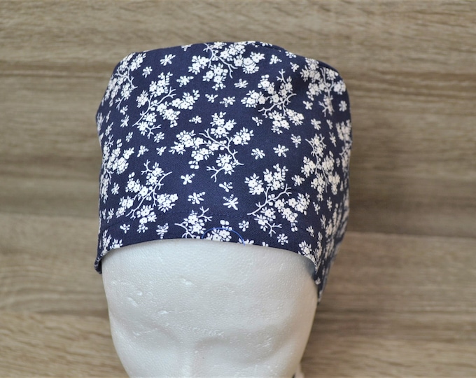 Surgical cap flower, scrub cap, bandana, peeling cap, cosmetic cap, chef's cap, surgical caps, blue with flowers, handmade