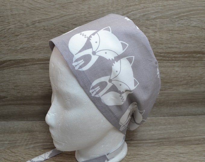 Surgical cap fox terry cloth band, scrub cap, cooking cap, bandana, peeling cap, cosmetic cap, surgical caps, grey with foxes, handmade