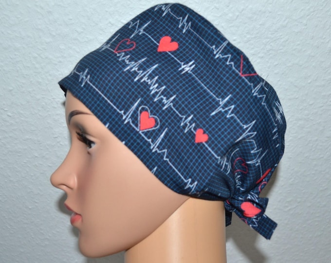 Surgical cap ECG, scrub cap, cosmetic cap, chef's cap, bandana, peeling cap, surgical caps, blue with heart, cap with heart, handmade