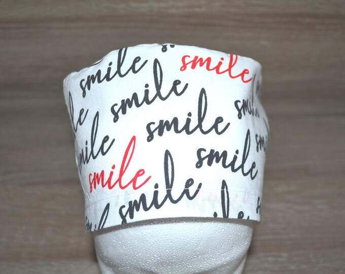 Surgical cap smile terry cloth band, bandana, scrub cap, cosmetic cap, chef's cap, surgical cap, white with lettering smile :-), handmade